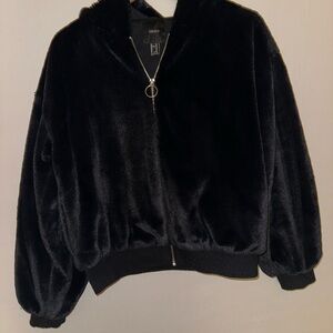 Black hooded Faur fur zip up